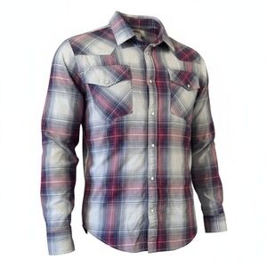 Duke Haband Mens XL Western Pearl Snap Shirt Plaid Blue Red Cotton 1B6
